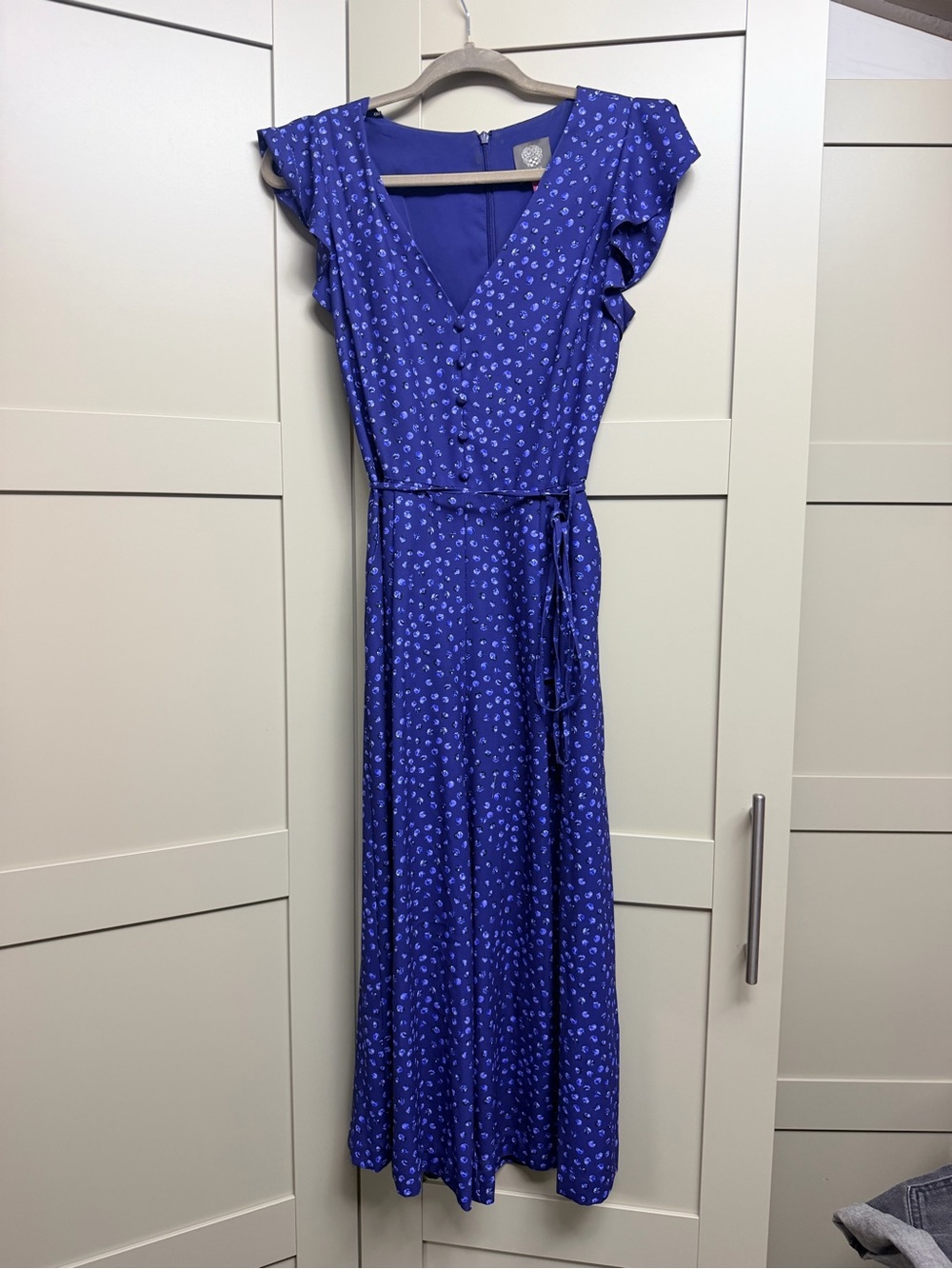 Vince Camuto Royal Blue V-Neck Ruffle Sleeve Maxi Jumpsuit